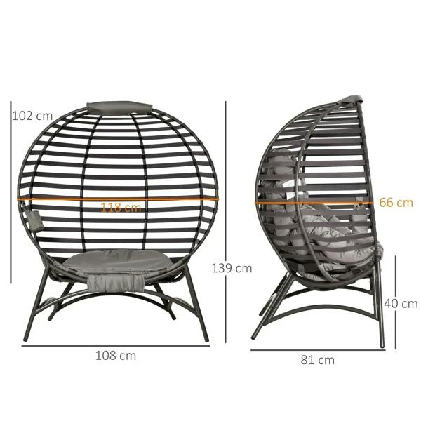 Egg chair with gray cushion and dark frame shown front and side views
