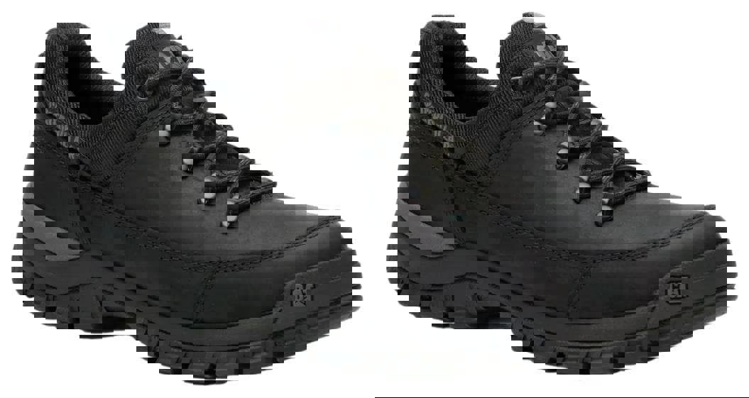 Caterpillar Threshold Hiker Low Mens Casual Leather Lace Up Trainer Shoes, black low-profile casual leather shoes with secure laces and rugged sole for outdoor wear.