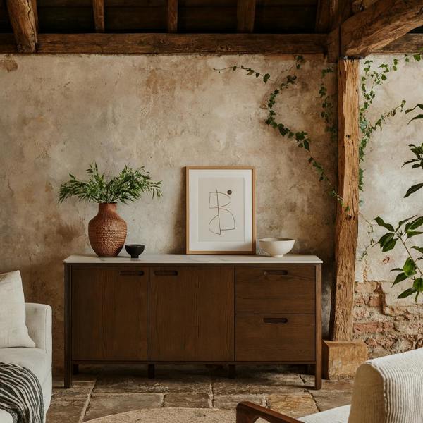 Wyld Haus Cork  Oak Veneer Sideboard with Cream Ceramic Top 2 Doors 2 Drawers