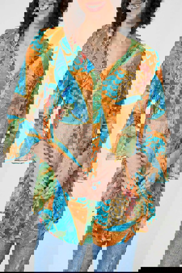 Orange | Leaf Print Button Front Blouse