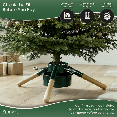 Large Modern Spruce Christmas Tree Stand, Green Metal Base with Wooden Legs, Water Reservoir, Adjustable Clamps for Trees up to 2.6m