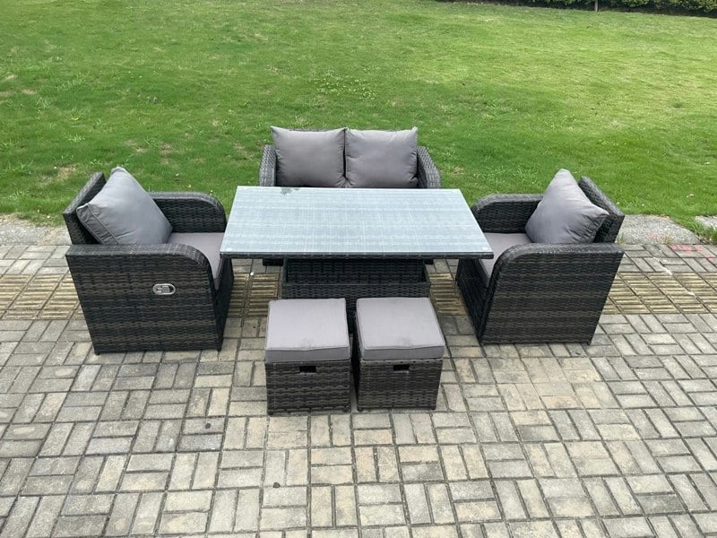 Fimous Wicker PE Rattan Garden Dining Set - Dark Grey Mixed Outdoor Patio Height Adjustable Rising Lifting Table Love Sofa with Reclining Chair