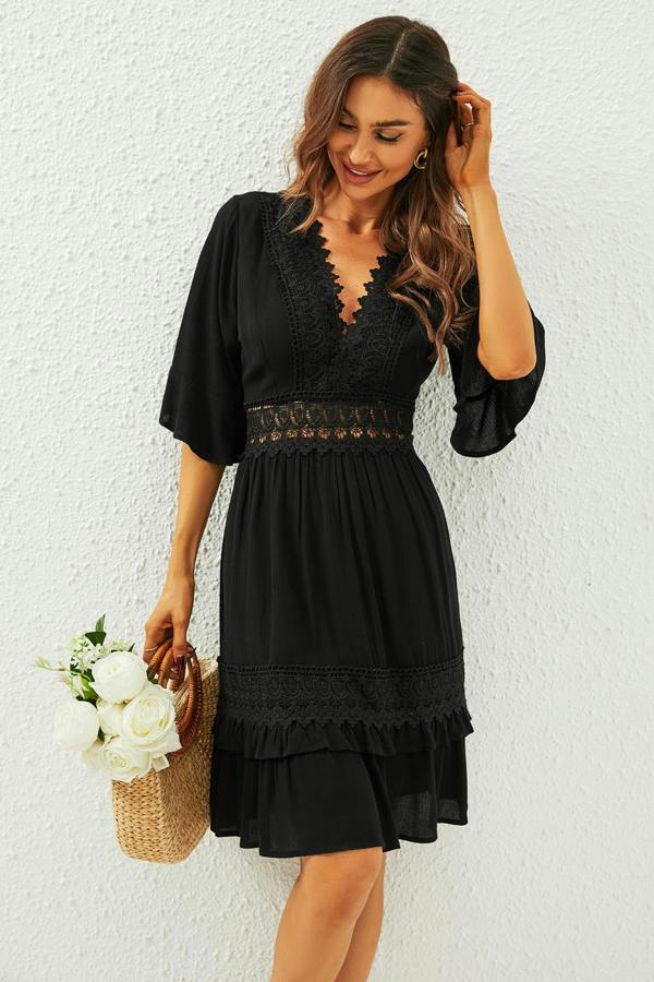 FS Collection V Neck Lace Mini Dress In Black