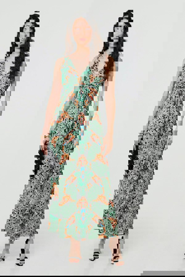 Green | Butterfly Print V-Neck Empire Maxi Dress
