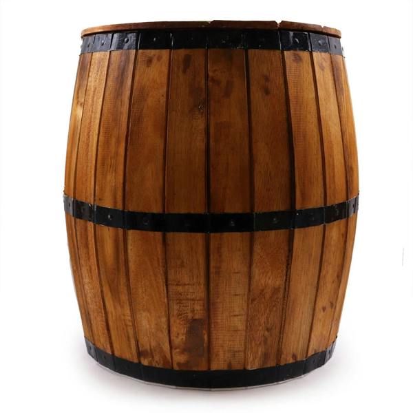 Natural wood barrel table with dark metal banding around the sides