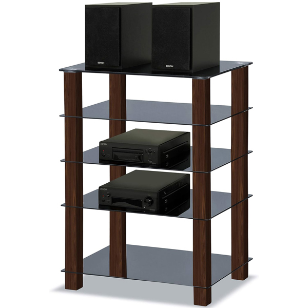 Centurion Supports TRINITY Gloss Black 5 Shelf with Walnut Legs Flat Screen TV Rack Glass Stand