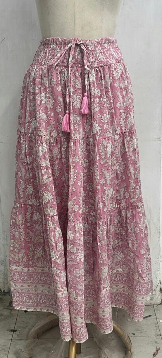 Pink Brianne woodblock printed cotton voile skirt with border