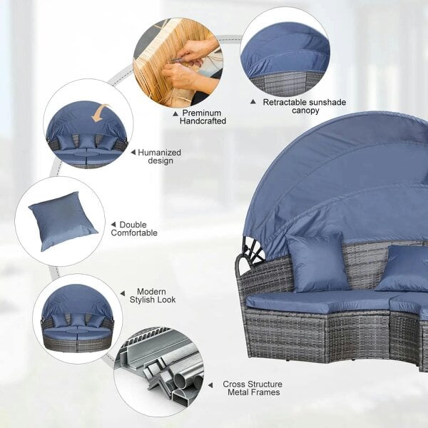 Bobobiy Outdoor PE Rattan Garden Furniture with Cushioned, Patio Wicker Conversation Furniture Set, Coffee Table and Three Pillows, Grey/Blue Grey