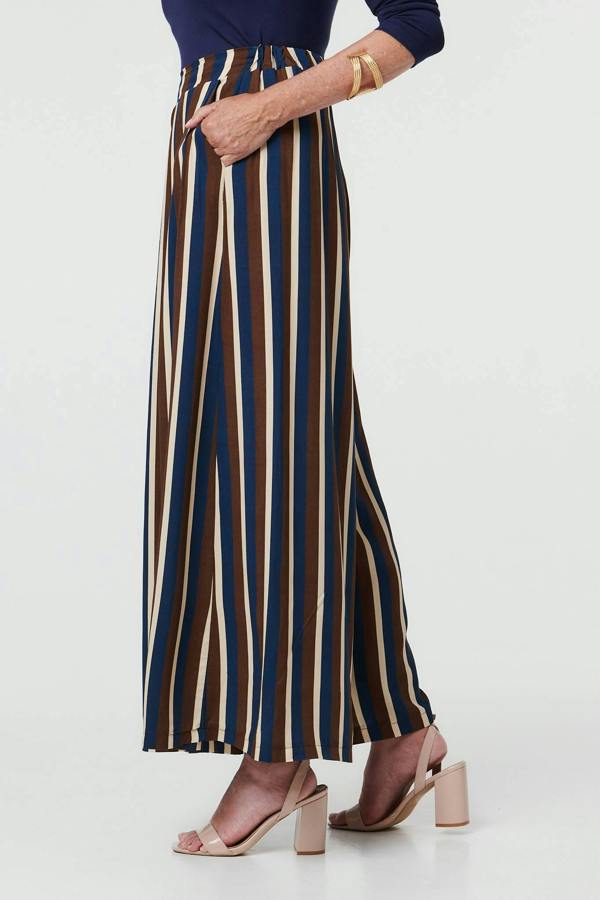 Navy | Striped High Waist Wide Trousers