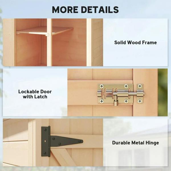 Natural wood shed interior details with lockable door latch, hinges, and shelving