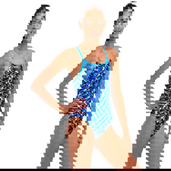 Funkita Girls Under Over Diamond Back swimsuit in blue with single bind shoulder straps