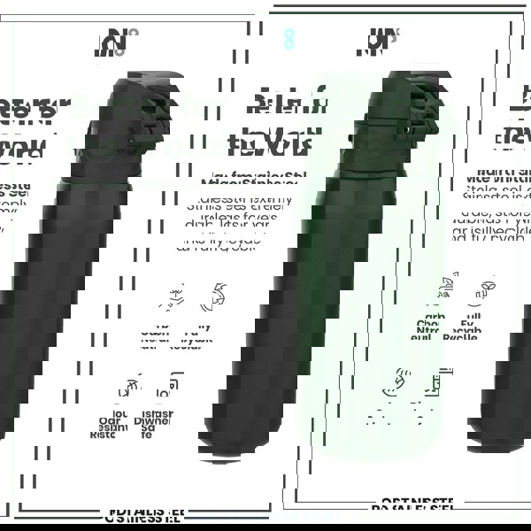 A dark-green stainless steel water bottle sits against a white background. The bottle is shown alongside text advertising its durability, recyclability, and other features.