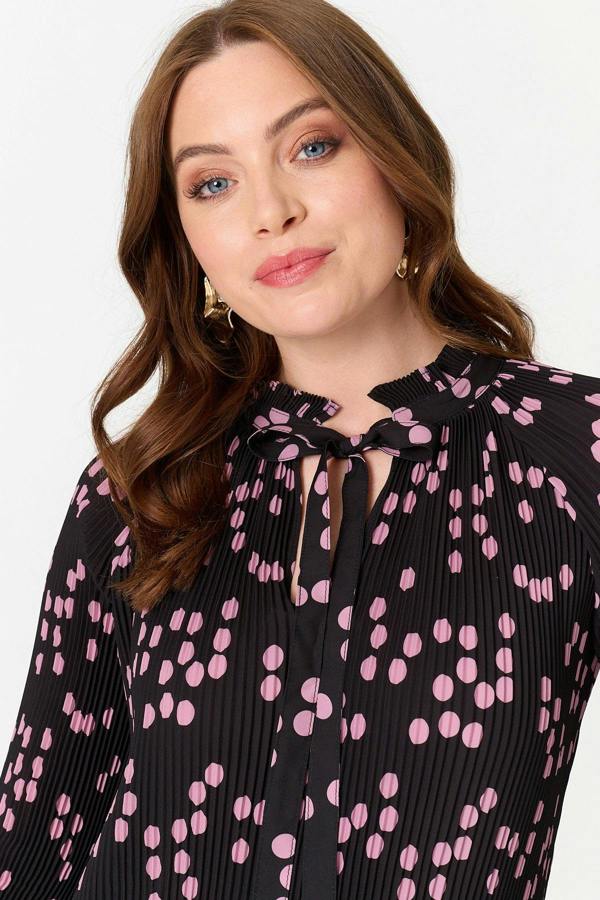 Pink | Spotty Print Long Sleeve Pleated Blouse