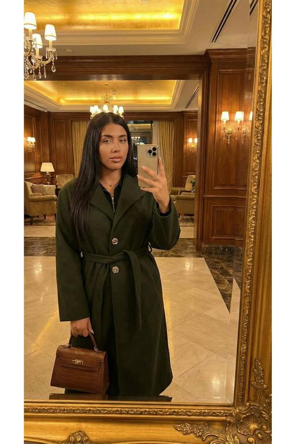 Marelle Belted Longline Coat With Button Detail - Khaki