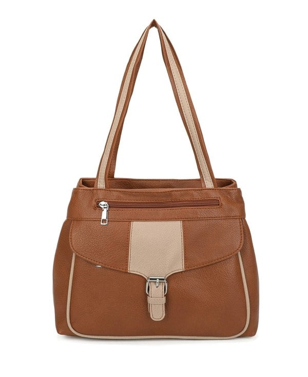 Kitise Large Structured Buckle Color Block Tote Shoulder Bag