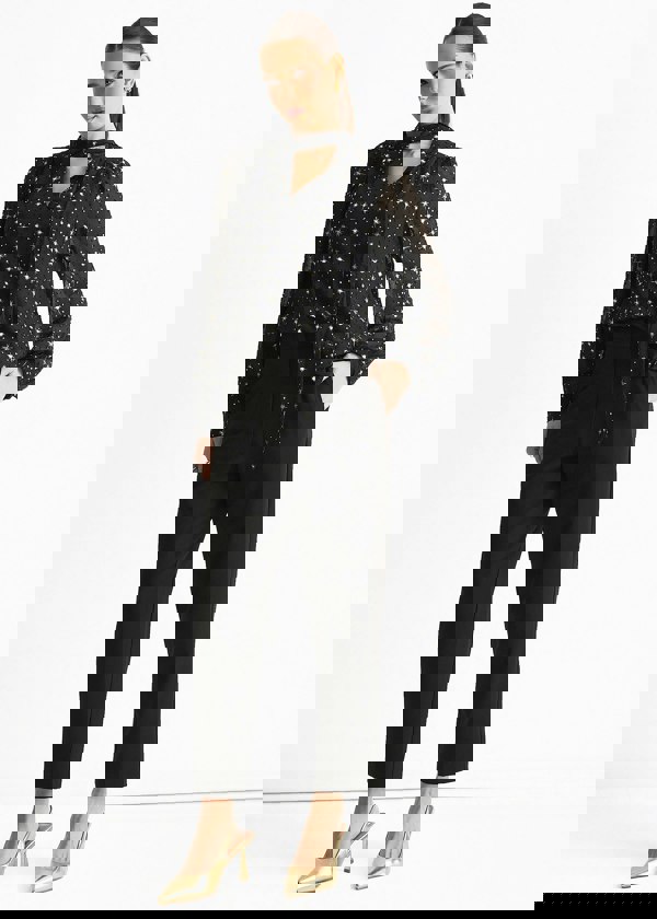 Gini London Black Dobby Star Chiffon Tie Neck Blouse