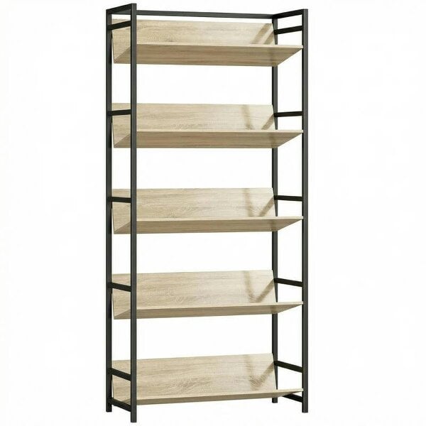 Bookshelf 5-Tier Metal Frame Bookcase Storage Shelves for Living Room Oak