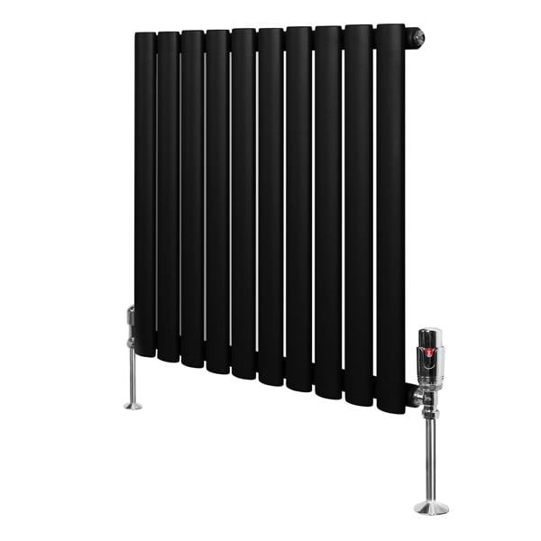 Sleek black oval single column radiator with polished chrome valves, featuring a modern design and smooth matte finish, ideal for stylish heating