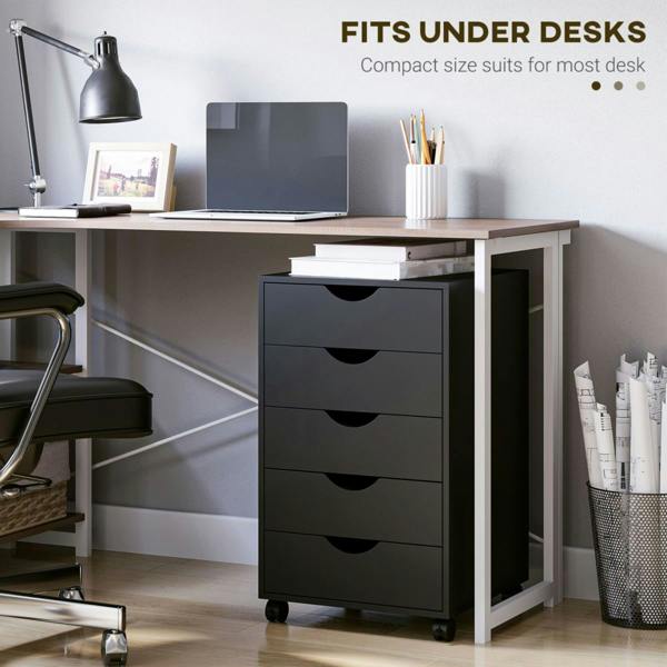 Dyzi Mobile 5 Drawer Filing Cabinet Office Storage Unit with Wheels Black