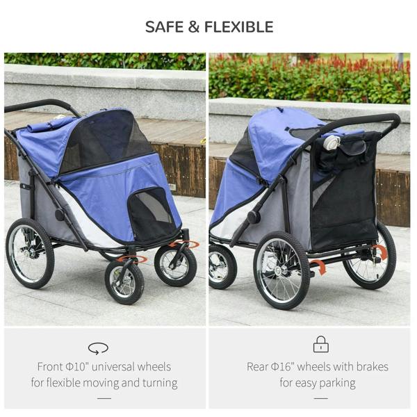 Blue pet stroller with mesh canopy and rear wheels with brakes for parking