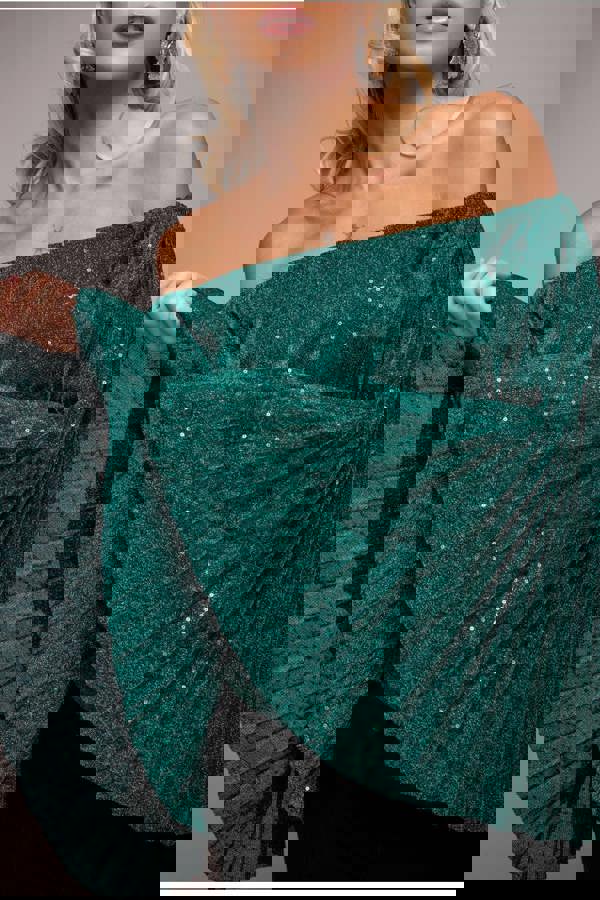 Sequin Lurex Bardot Pleated Sleeve Top - Teal Blue T205