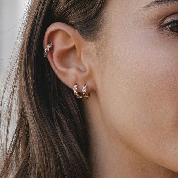 Geometric Round Pink Tourmaline and Sapphire Hoop Earrings in 9ct Yellow Gold On Model