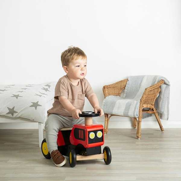 Bigjigs Toys Wooden Ride On Red Tractor - Squeaky Horn & Moveable Gear Stick