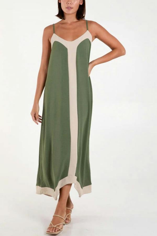 Hoxton Gal Relaxed Fit Cami Midi Dress in Beige and Khaki