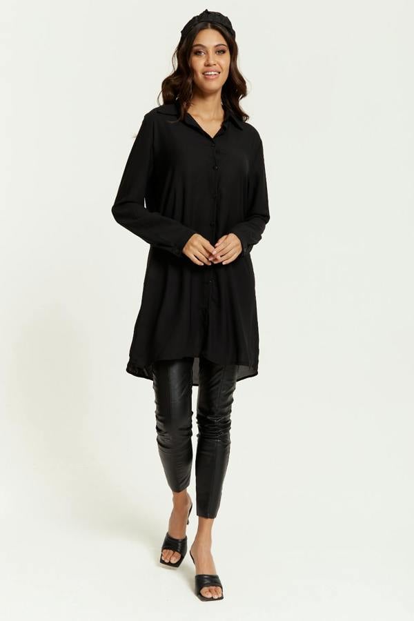 Hoxton Gal Oversized Shirt Tunic with Long Sleeves in Black