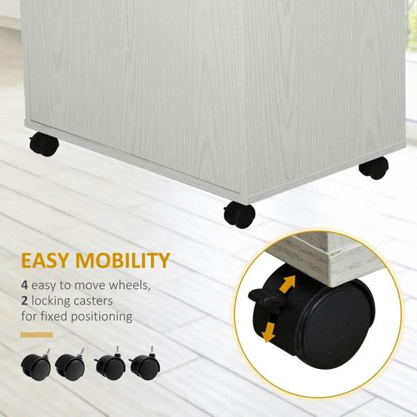 White storage cabinet with four locking caster wheels for easy mobility