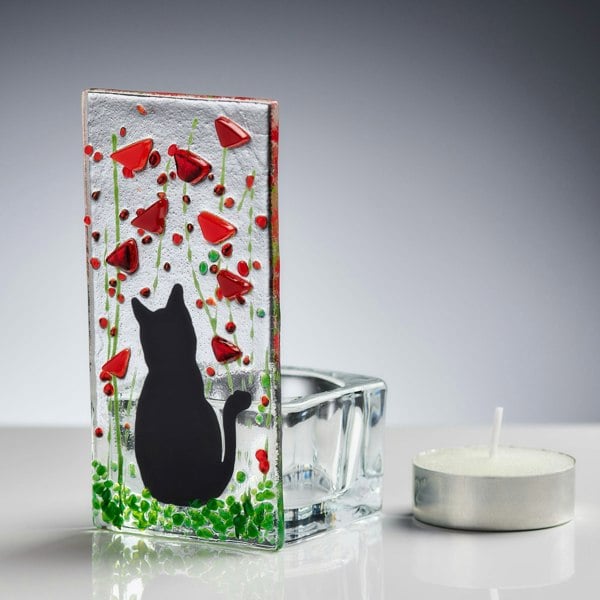 Handmade Fused Glass - Tea Light Holder - Cat - Poppy
