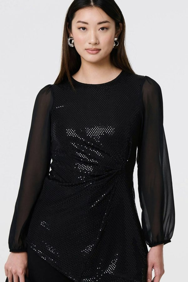 Black | Semi Sheer Sparkly Long Sleeve Blouse
