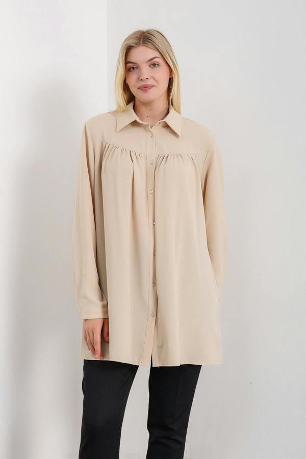 Hoxton Gal Relaxed Fit Long Sleeves Tunic in Beige