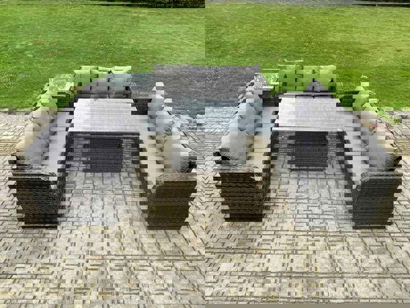 Fimous Patio Garden Dining Set Outdoor Rattan Furniture Lounge Sofa Height Adjustable Rising lifting Table With Side Table Dark Grey Mixed