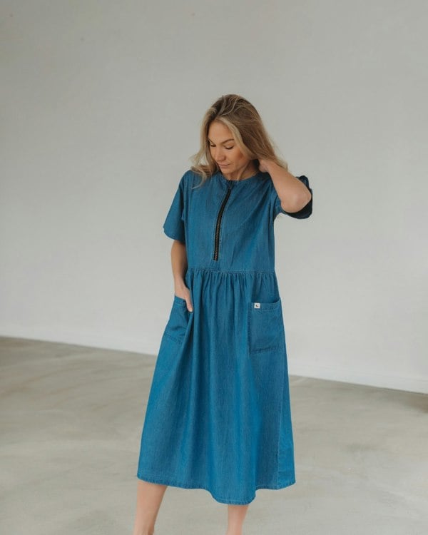 Magda Blue Short Sleeve Midi Dress with a zip front - image 1