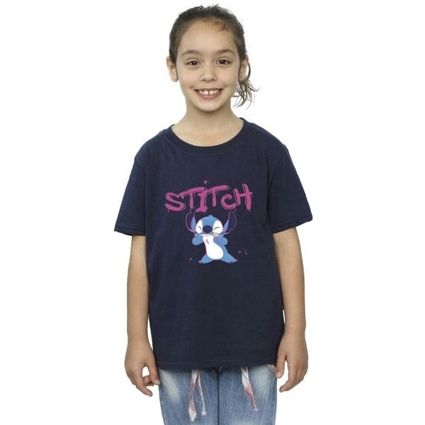 Disney Girls Lilo And Stitch Graffiti Cotton T-Shirt - Navy Blue