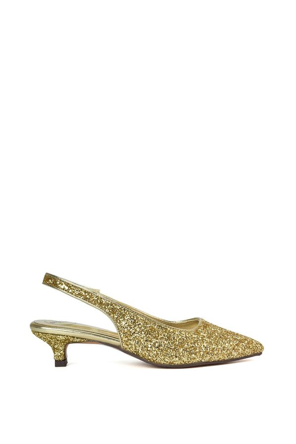 XY LONDON Pointed Toe Glitter Slingback Kitten Heel Court Shoes - Gold