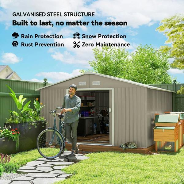 Galvanised steel metal garden shed with open entrance in a yard