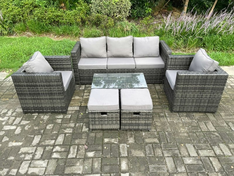 Fimous Outdoor Rattan Garden Furniture Set with 3 Seater Sofa Coffee Table 2 Armchairs 2 Small Footstool Patio Lounge Sofa Set Dark Grey Mixed
