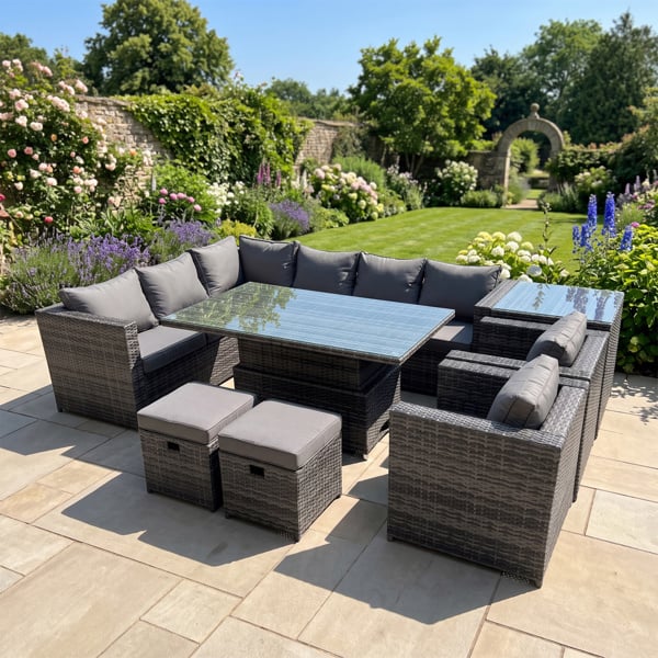 Fimous 10 Seater Rattan Garden Furniture Dining Set with Height Adjustable Table, Corner Sofa, 2 Chairs, 2 Stools & Side Table - Dark Grey Mixed