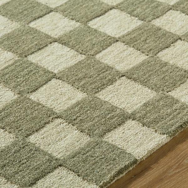 Livabliss Klopp-Hand Tufted Green Beige Wool Checkered Fringe Rug