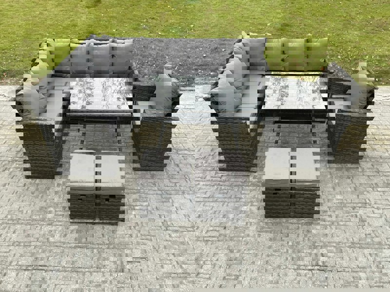 Fimous Wicker Rattan Garden Furniture Corner Sofa Set with Oblong Dining Table 2 Small Footstools Chair 9 Seater Outdoor Rattan Set Dark Grey Mixed