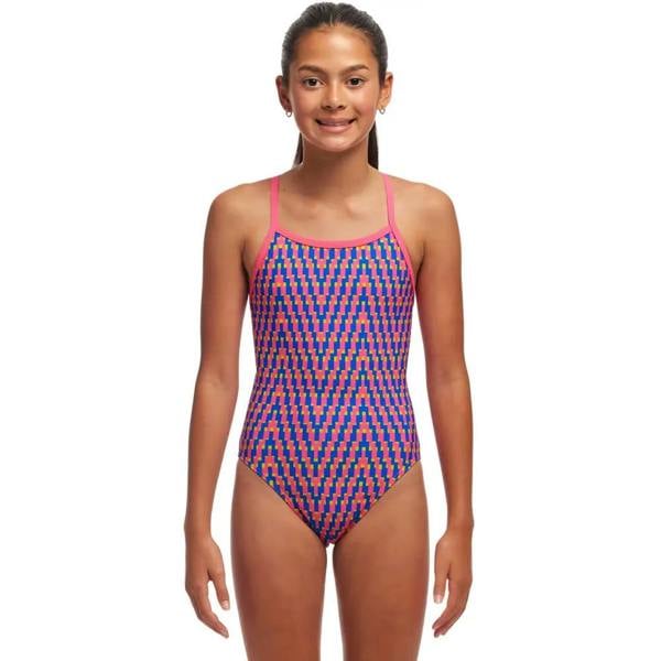 Funkita girls daily steps single strap swimsuit in pink blue geometric pattern