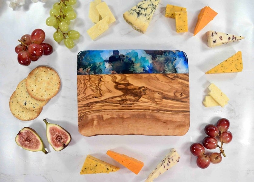 Blue Gold Cheese Board Olive Wood - 5th Wedding Anniversary Gift Ideas