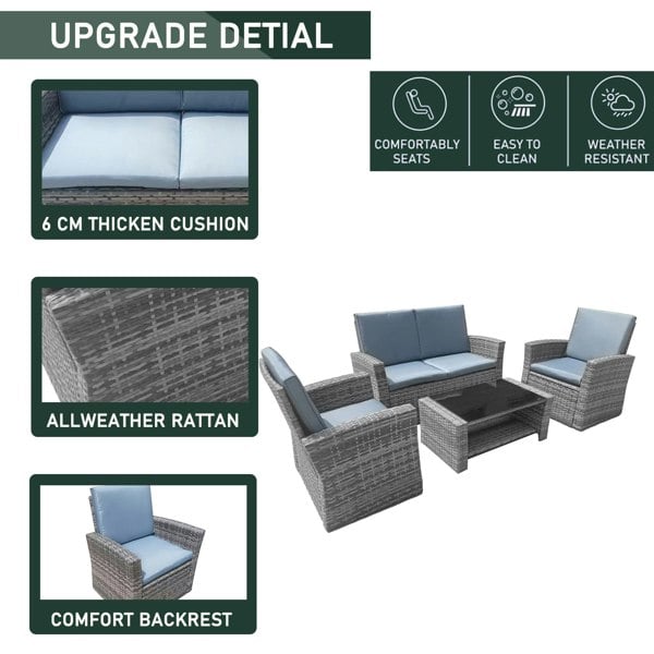 Furniture One 4 Piece Rattan Garden Furniture Set, Patio Wicker Dining Table Sets with Tempered Glass Top Table