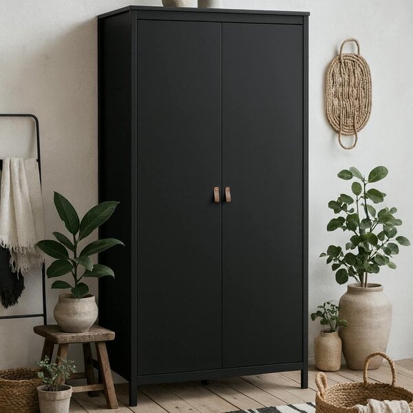 Wyld Haus Wildberry Black Matt Wooden Wardrobe 2 Doors Leather Handles