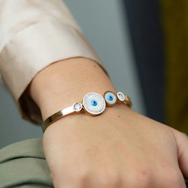 The Colourful Aura Evil Eye Round Brass White Enamel Gold Zircon Armlet Bangle