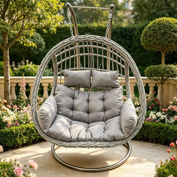 Fimous Rattan Garden Two Seater Hanging Egg Chair Indoor Outdoor Patio Furniture with Grey Cushion