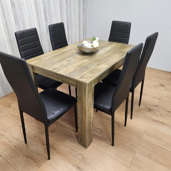 Kosy Koala Dining Table and 6 Black Metal Leather Chairs Rustic Effect Wood Dining Room