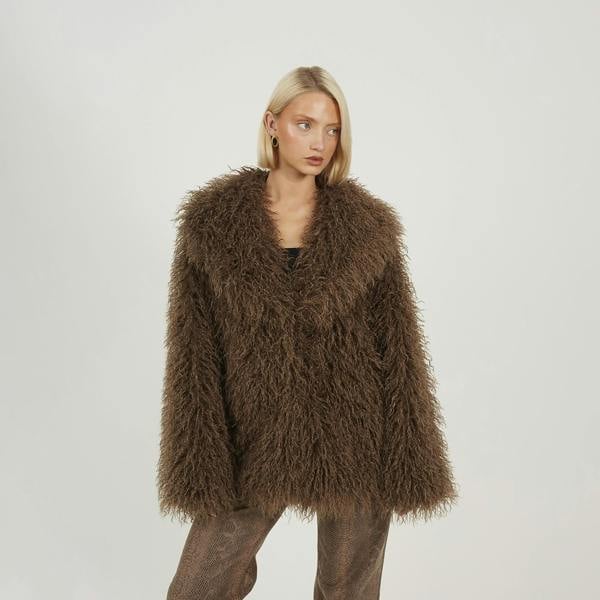 Brave Soul Brown Shawl Collar Faux Mongolian Fur Jacket - Brown Image 1